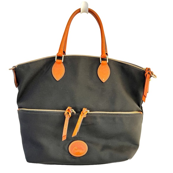 Dooney & Bourke Black Large Pocket Satchel Nylon Bag Tan Leather Trim Red Inside - Picture 12 of 14